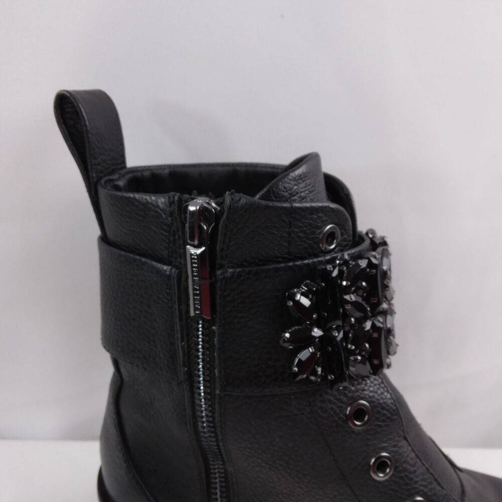 Karl Lagerfeld PIPPA Black Pebbled Leather Rhinestone Combat Boots Size 6M - Picture 11 of 16